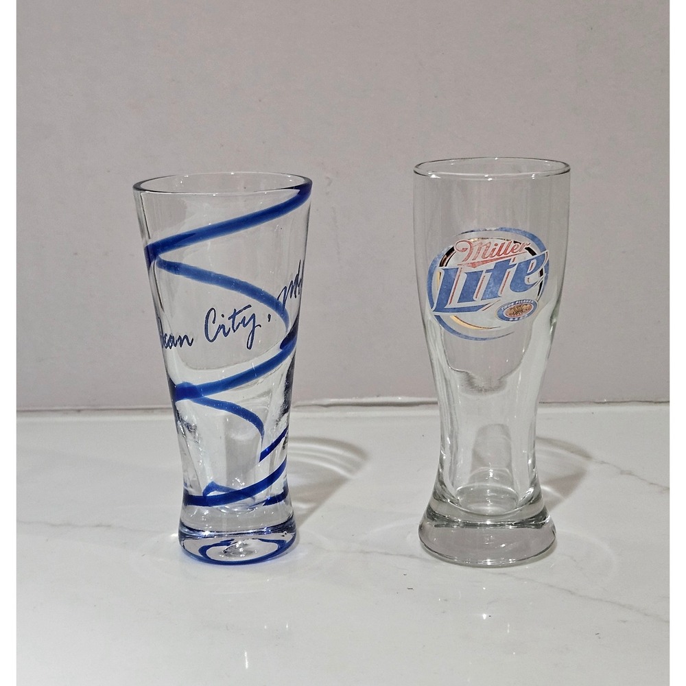 Miller Lite Pilsner Shot Glass & Ocean City Maryland Blue Swirl Shot Glass Set